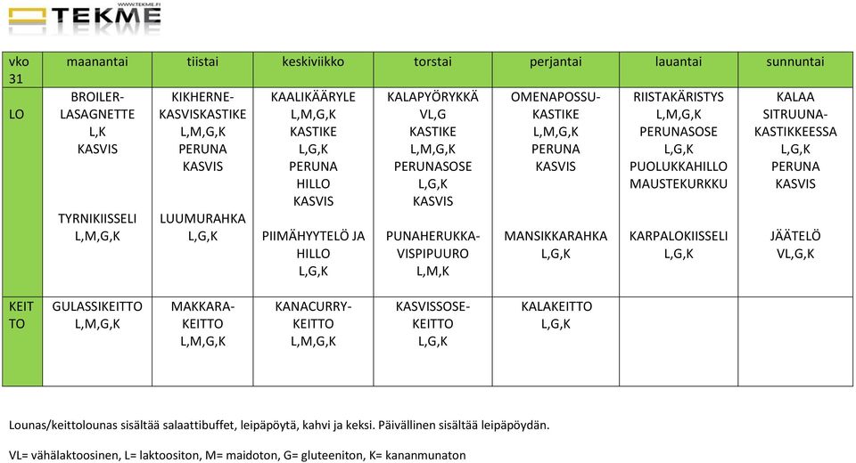 JÄÄTELÖ V GULASSI MAKKARA- KANACURRY- SOSE- KALA Lounas/keittolounas sisältää salaattibuffet, leipäpöytä, kahvi ja