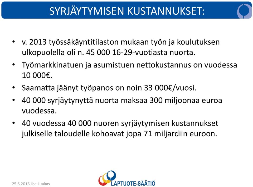 Saamatta jäänyt työpanos on noin 33 000 /vuosi.