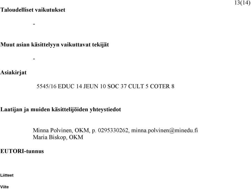Laatijan ja muiden käsittelijöiden yhteystiedot EUTORItunnus Minna