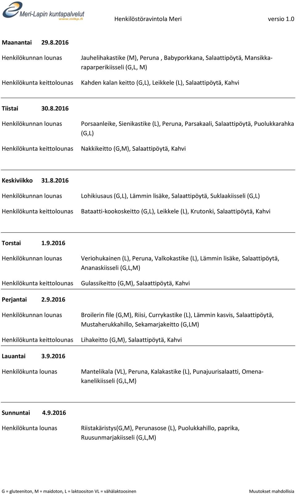 2016 Veriohukainen (L), Peruna, Valkokastike (L), Lämmin lisäke, Salaattipöytä, Ananaskiisseli Gulassikeitto (G,M), Salaattipöytä, Kahvi Perjantai 2.9.