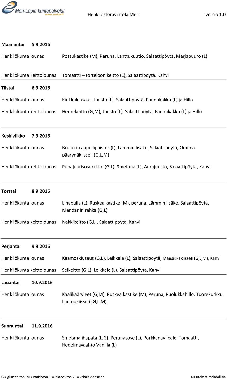 9.2016 Kaamoskiusaus (G,L), Leikkele (L), Salaattipöytä, Mansikkakiisseli, Kahvi Seikeitto (G,L), Leikkele (L), Salaattipöytä, Kahvi Lauantai 10.9.2016 Kaalikääryleet (G,M), Ruskea kastike (M), Peruna, Puolukkahillo, Tuorekurkku, Luumukiisseli Sunnuntai 11.