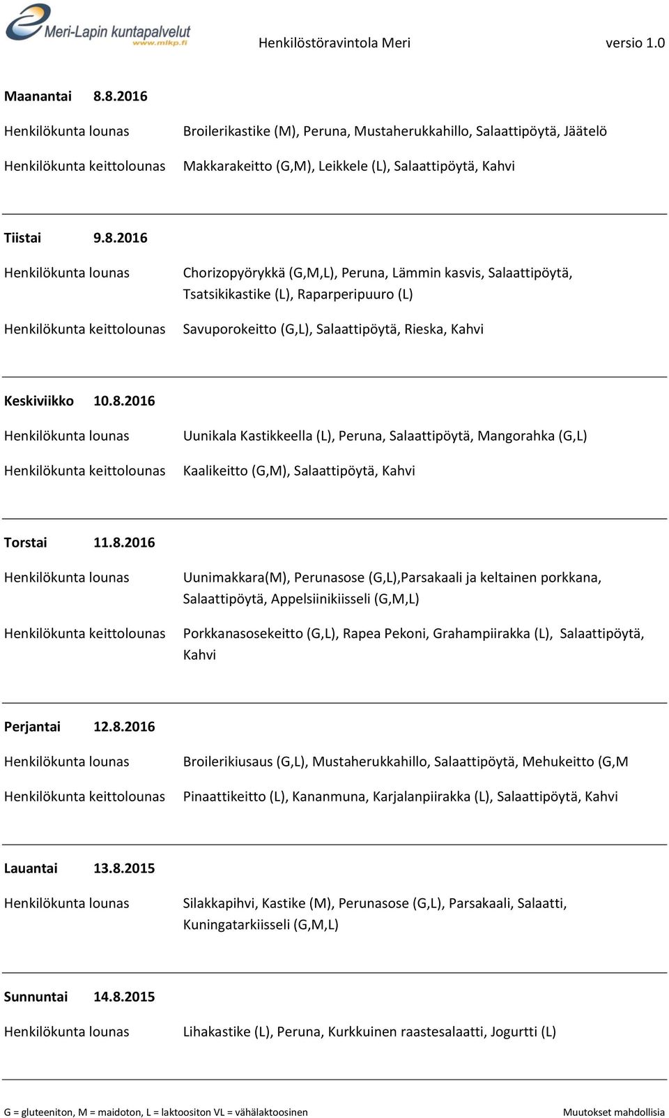 Salaattipöytä, Appelsiinikiisseli (G,M,L) Porkkanasosekeitto (G,L), Rapea Pekoni, Grahampiirakka (L), Salaattipöytä, Perjantai 12.8.