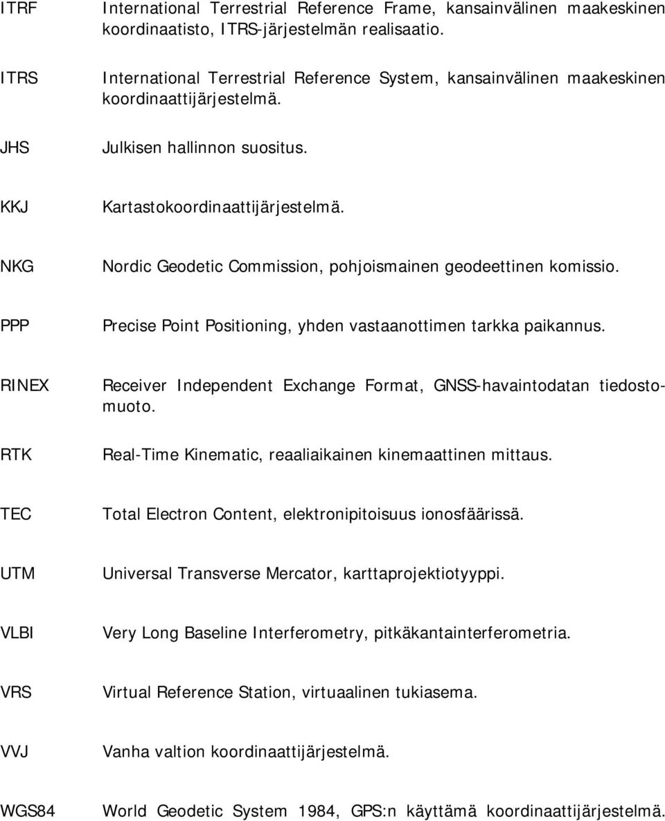 NKG Nordic Geodetic Commission, pohjoismainen geodeettinen komissio. PPP Precise Point Positioning, yhden vastaanottimen tarkka paikannus.