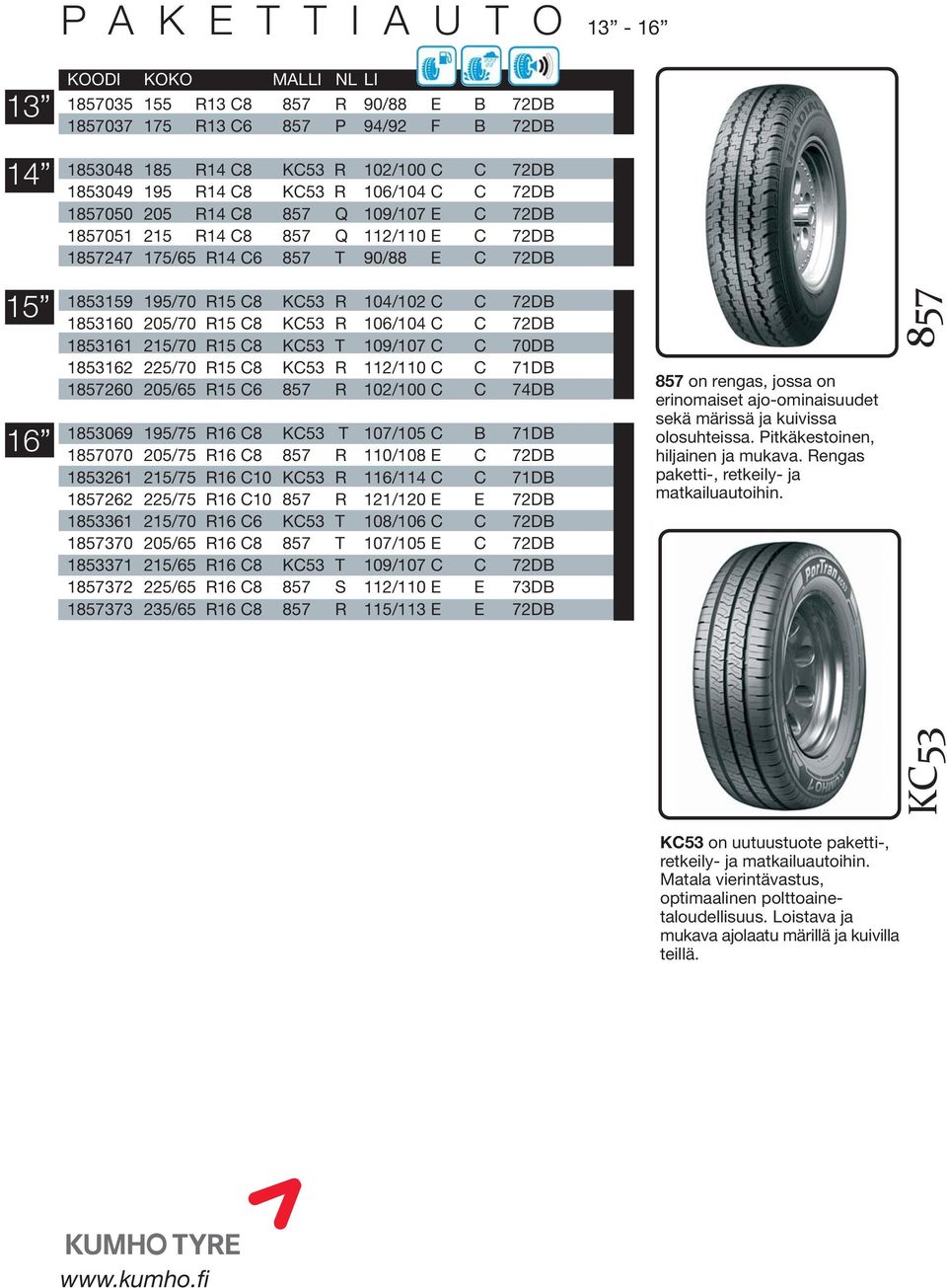 72DB 1853160 205/70 R15 C8 KC53 R 106/104 C C 72DB 1853161 215/70 R15 C8 KC53 T 109/107 C C 70DB 1853162 225/70 R15 C8 KC53 R 112/110 C C 71DB 1857260 205/65 R15 C6 857 R 102/100 C C 74DB 1853069