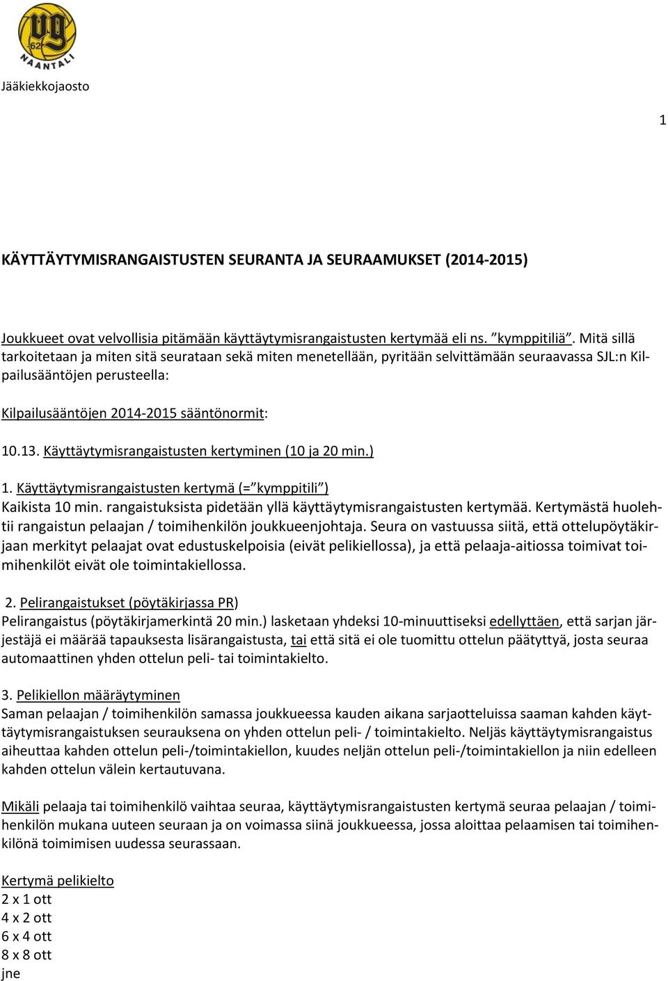 Käyttäytymisrangaistusten kertyminen (10 ja 20 min.) 1. Käyttäytymisrangaistusten kertymä (= kymppitili ) Kaikista 10 min. rangaistuksista pidetään yllä käyttäytymisrangaistusten kertymää.