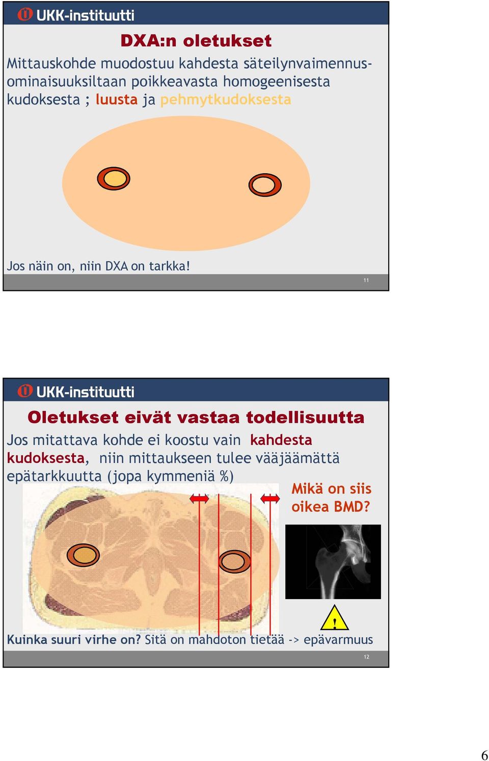 11 Oletukset eivät vastaa todellisuutta Jos mitattava kohde ei koostu vain kahdesta kudoksesta, niin