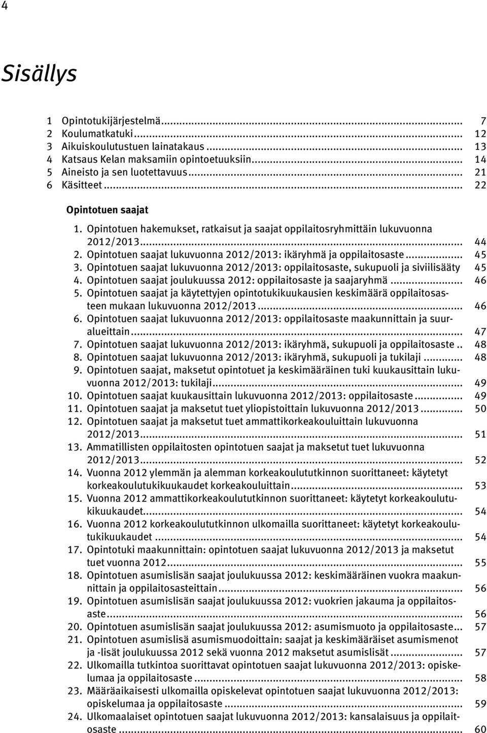 Opintotuen saajat lukuvuonna 2012/2013: oppilaitosaste, sukupuoli ja siviilisääty. 45 4. Opintotuen saajat joulukuussa 2012: oppilaitosaste ja saajaryhmä... 46 5.