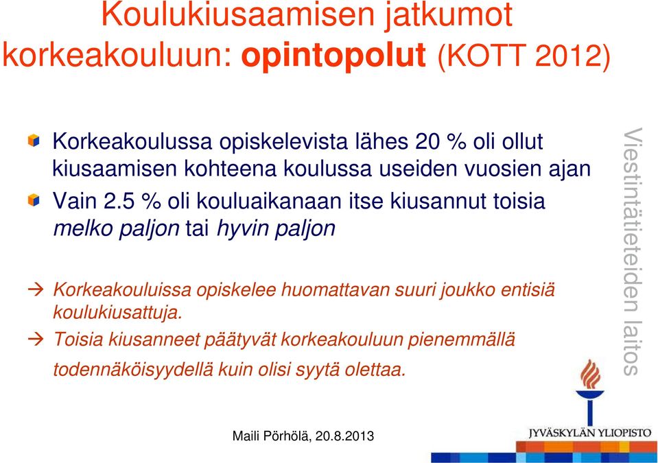 5 % oli kouluaikanaan itse kiusannut toisia melko paljon tai hyvin paljon Korkeakouluissa opiskelee