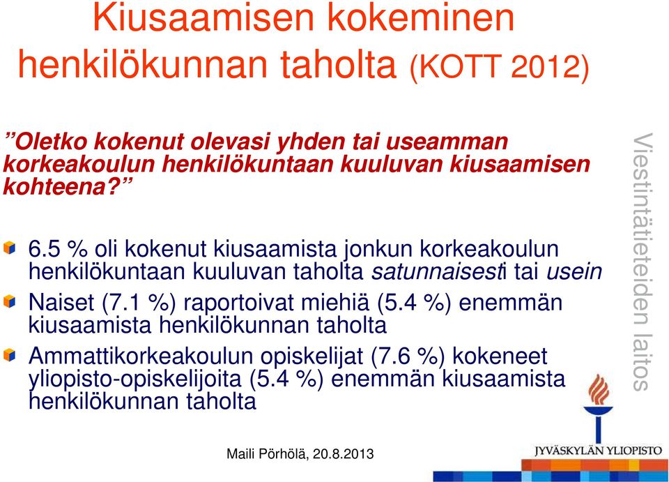 5 % oli kokenut kiusaamista jonkun korkeakoulun henkilökuntaan kuuluvan taholta satunnaisesti tai usein Naiset (7.