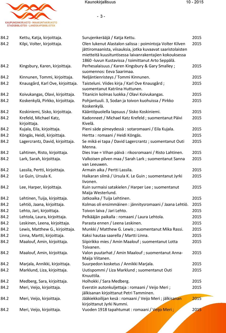 -luvun Kustavissa / toimittanut Arto Seppälä. 84.2 Kingsbury, Karen, Perhesalaisuus / Karen Kingsbury & Gary Smalley ; suomennos: Eeva Saarimaa. 84.2 Kinnunen, Tommi, Neljäntienristeys / Tommi Kinnunen.