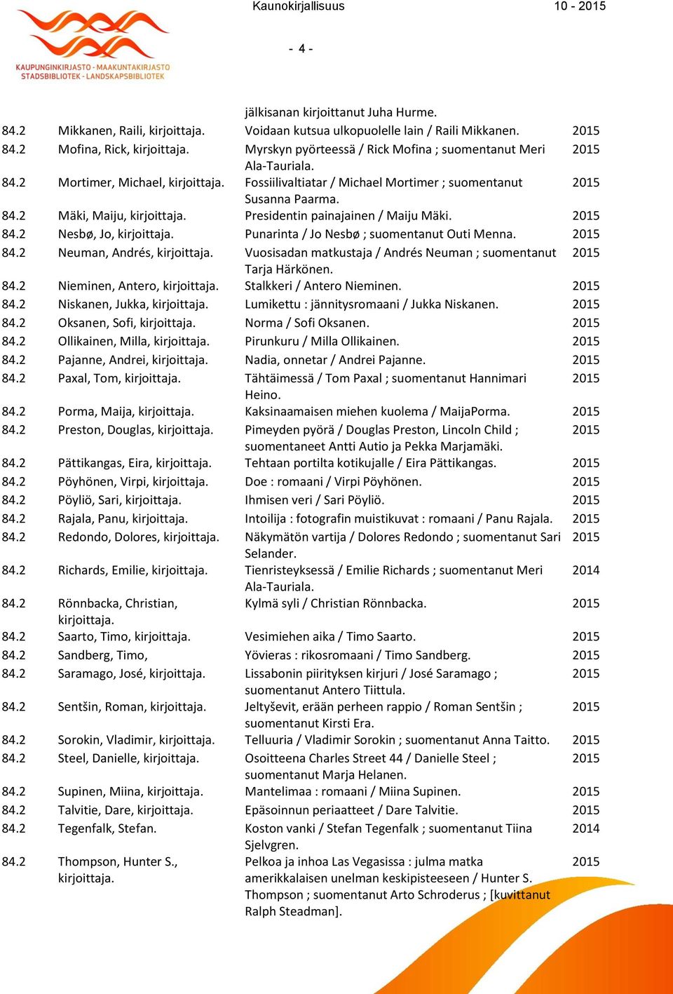84.2 Neuman, Andrés, Vuosisadan matkustaja / Andrés Neuman ; suomentanut Tarja Härkönen. 84.2 Nieminen, Antero, Stalkkeri / Antero Nieminen. 84.2 Niskanen, Jukka, Lumikettu : jännitysromaani / Jukka Niskanen.