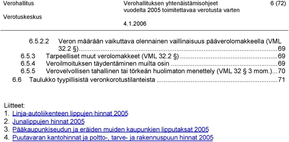 6 Taulukko tyypillisistä veronkorotustilanteista...71 Liitteet: 1. Linja-autoliikenteen lippujen hinnat 2005 2. Junalippujen hinnat 2005 3.