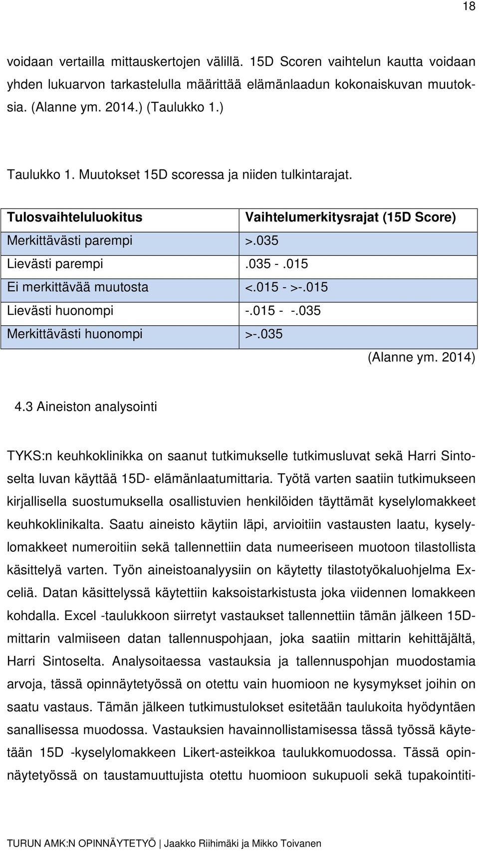 015 - >-.015 Lievästi huonompi -.015 - -.035 Merkittävästi huonompi >-.035 (Alanne ym. 2014) 4.