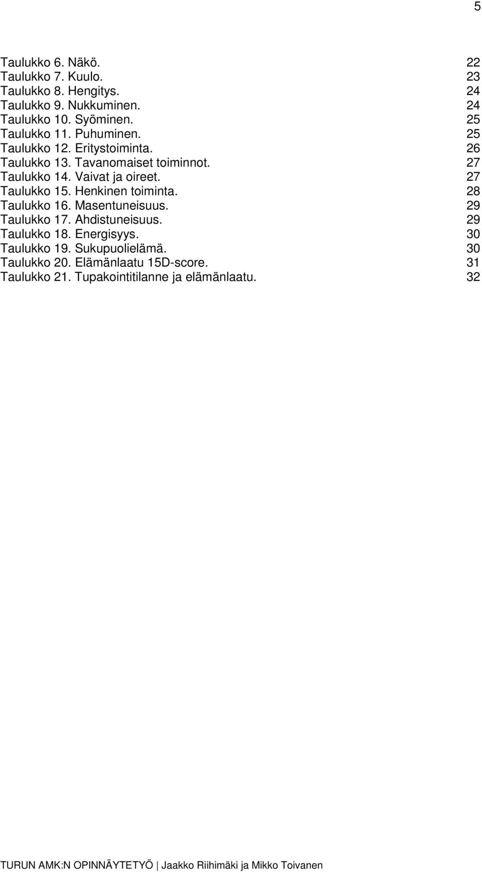Vaivat ja oireet. 27 Taulukko 15. Henkinen toiminta. 28 Taulukko 16. Masentuneisuus. 29 Taulukko 17. Ahdistuneisuus.