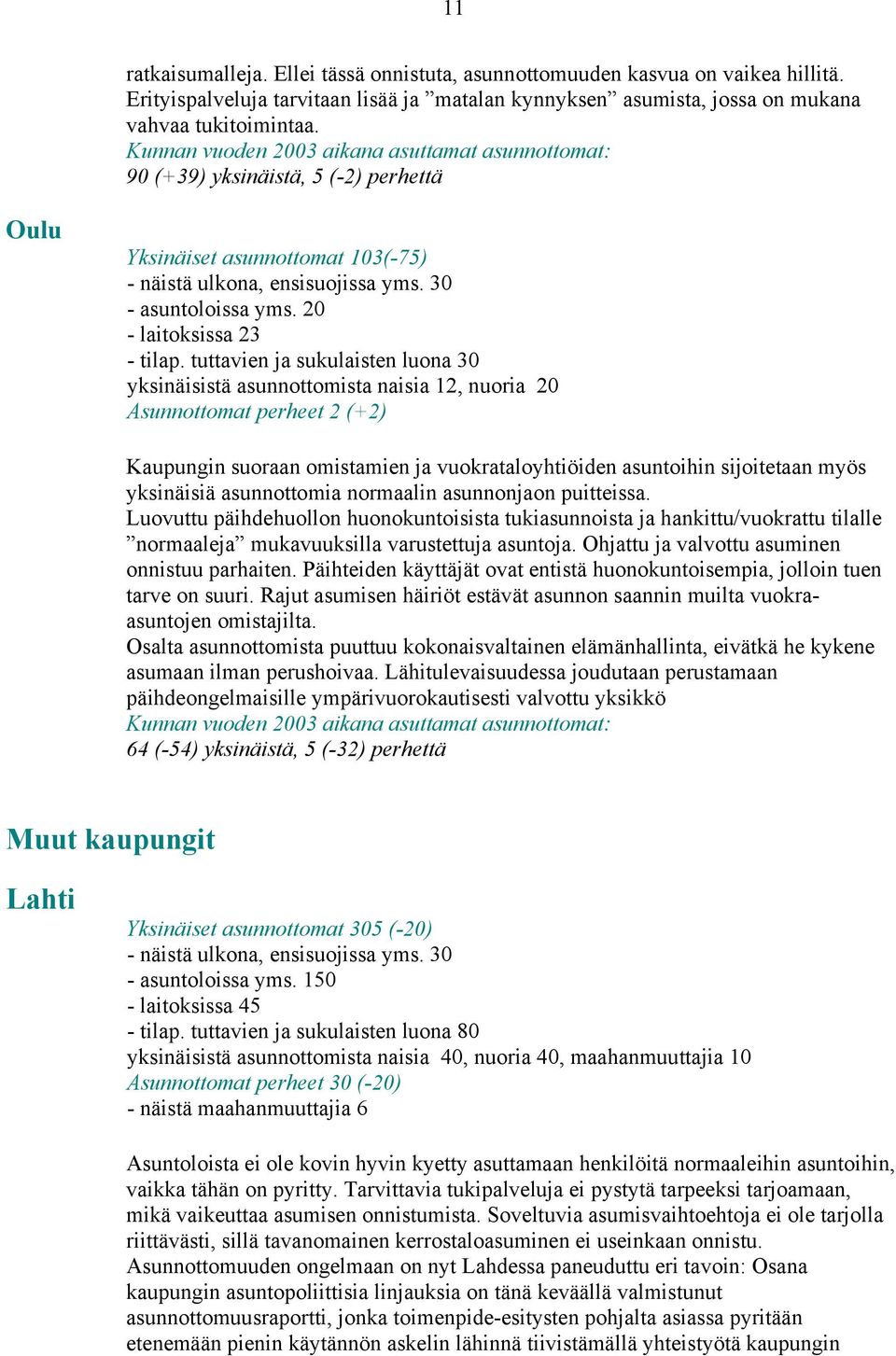 tuttavien ja sukulaisten luona 30 yksinäisistä asunnottomista naisia 12, nuoria 20 Asunnottomat perheet 2 (+2) Kaupungin suoraan omistamien ja vuokrataloyhtiöiden asuntoihin sijoitetaan myös