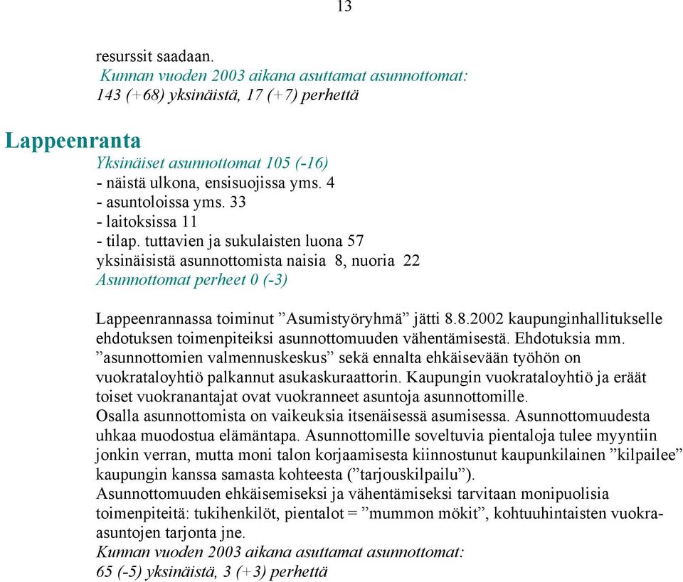 Ehdotuksia mm. asunnottomien valmennuskeskus sekä ennalta ehkäisevään työhön on vuokrataloyhtiö palkannut asukaskuraattorin.