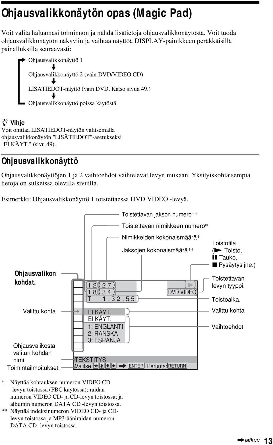LISÄTIEDOT-näyttö (vain DVD. Katso sivua 49.) m Ohjausvalikkonäyttö poissa käytöstä z Vihje Voit ohittaa LISÄTIEDOT-näytön valitsemalla ohjausvalikkonäytön "LISÄTIEDOT"-asetukseksi "EI KÄYT.