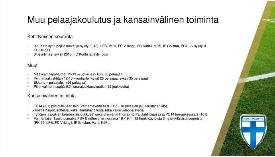 (2 kpl), 5 pelaajaa Piirin maalivahtitalli 12-13 vuotiaille (kevät 25 pelaajaa, syksy 35 pelaajaa) Ekkono pelaajaleiri (56 pelaajaa) Piirin valmennuspäällikön seurajoukkuevierailut (12 joukkuetta)