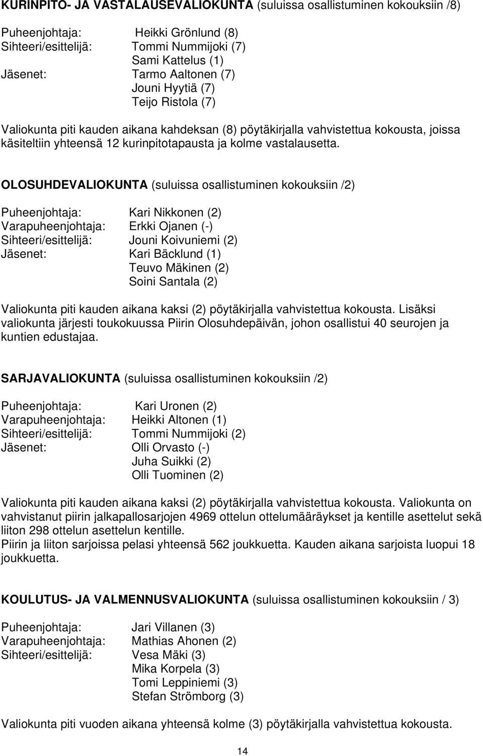 OLOSUHDEVALIOKUNTA (suluissa osallistuminen kokouksiin /2) Puheenjohtaja: Kari Nikkonen (2) Varapuheenjohtaja: Erkki Ojanen (-) Sihteeri/esittelijä: Jouni Koivuniemi (2) Jäsenet: Kari Bäcklund (1)