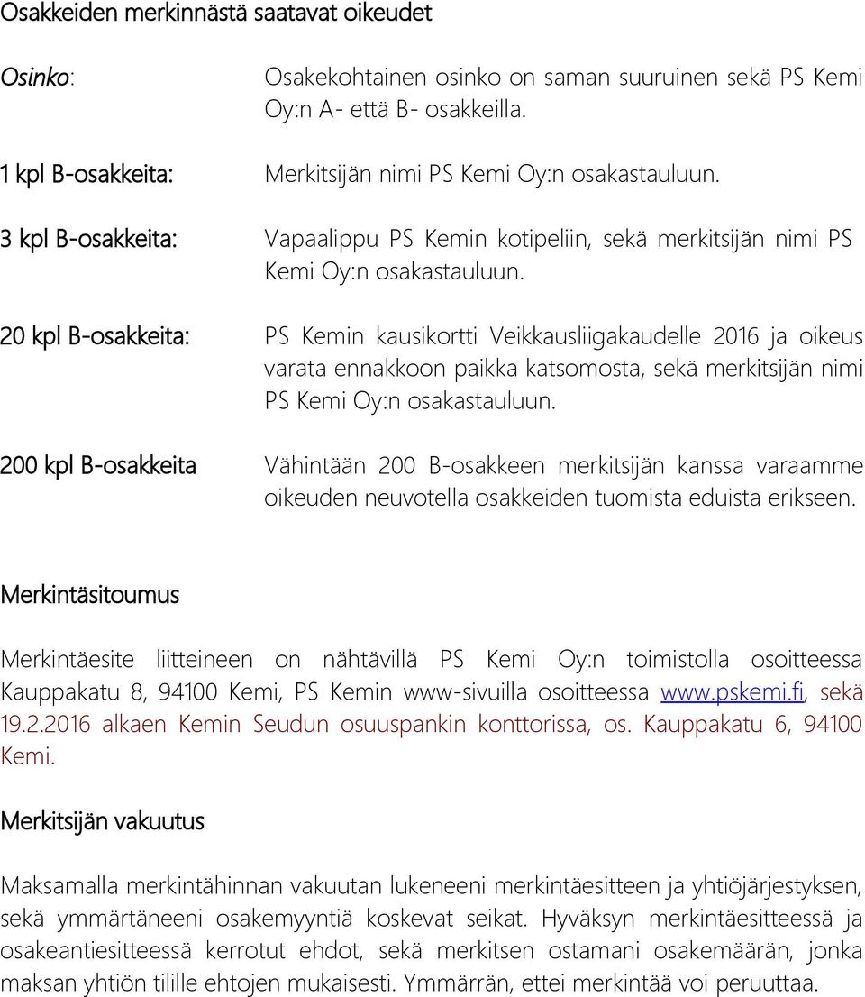 20 kpl B-osakkeita: PS Kemin kausikortti Veikkausliigakaudelle 2016 ja oikeus varata ennakkoon paikka katsomosta, sekä merkitsijän nimi PS Kemi Oy:n osakastauluun.