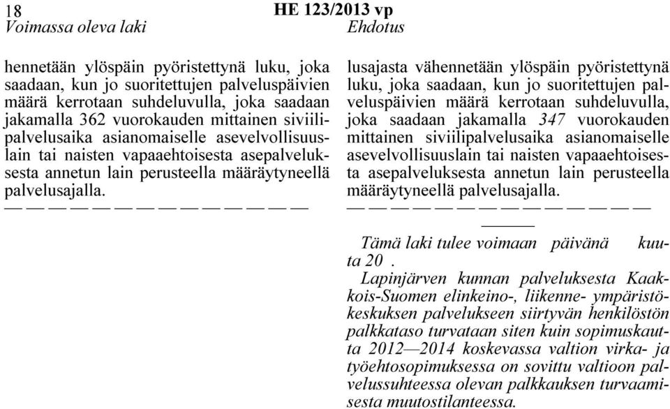 lusajasta vähennetään ylöspäin pyöristettynä luku, joka saadaan, kun jo suoritettujen palveluspäivien määrä kerrotaan suhdeluvulla, joka saadaan jakamalla 347 vuorokauden mittainen  Tämä laki tulee