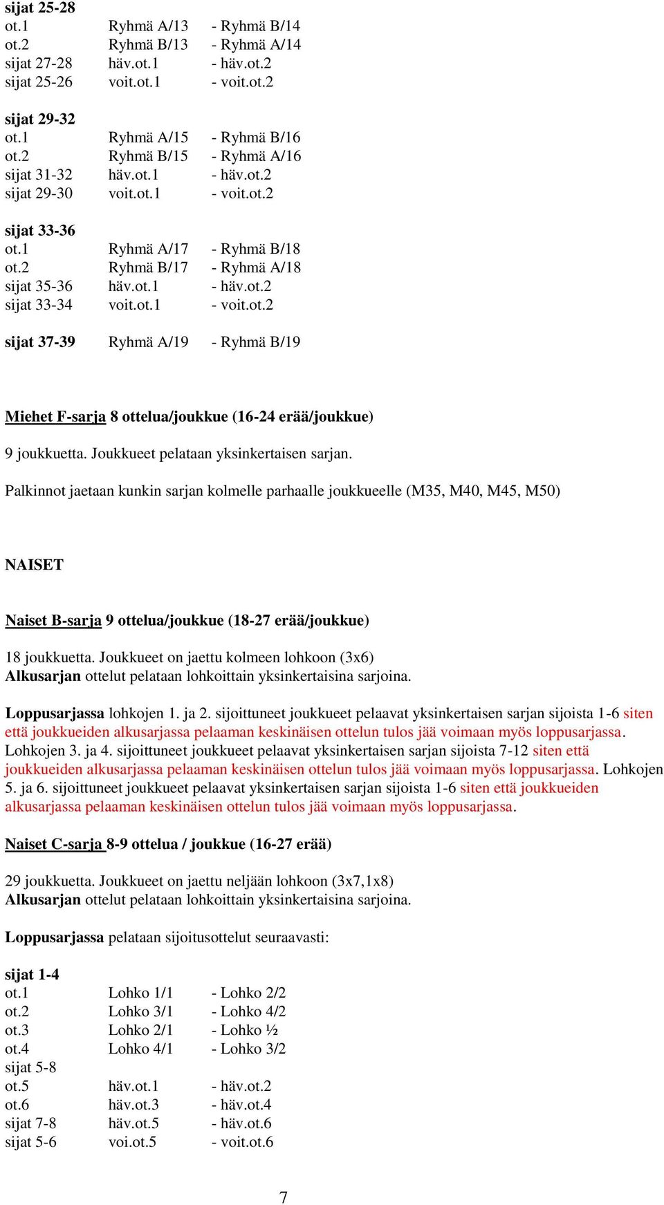 ot.1 - voit.ot.2 sijat 37-39 Ryhmä A/19 - Ryhmä B/19 Miehet F-sarja 8 ottelua/joukkue (16-24 erää/joukkue) 9 joukkuetta. Joukkueet pelataan yksinkertaisen sarjan.