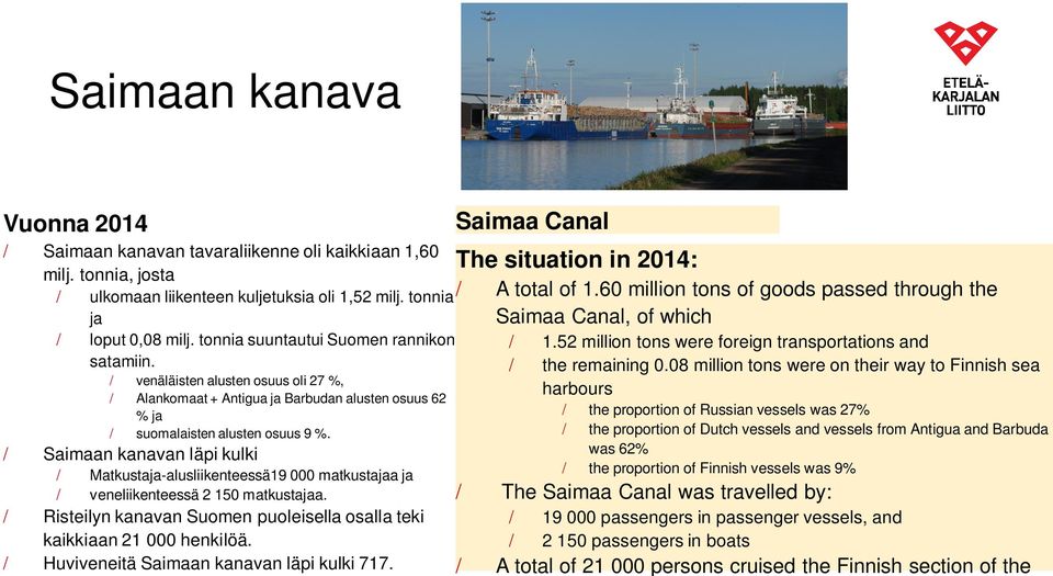 Saimaan kanavan läpi kulki Matkustaja-alusliikenteessä19 000 matkustajaa ja veneliikenteessä 2 150 matkustajaa. Risteilyn kanavan Suomen puoleisella osalla teki kaikkiaan 21 000 henkilöä.