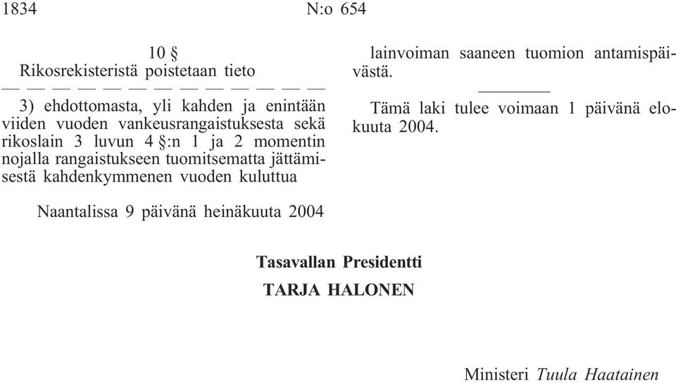 jättämisestä kahdenkymmenen vuoden kuluttua lainvoiman saaneen tuomion antamispäivästä.
