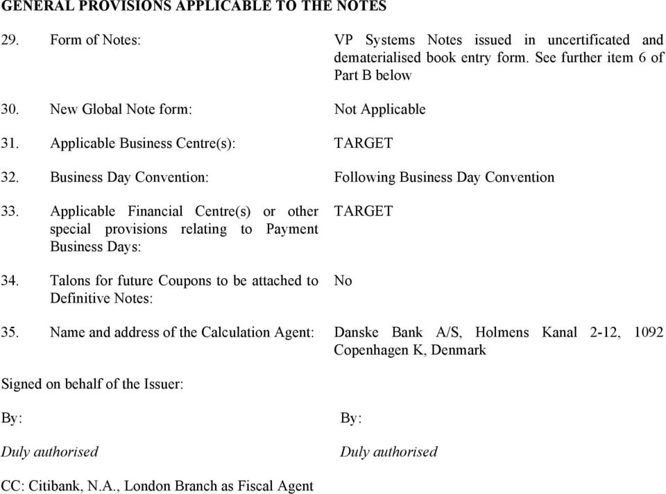 Applicable Financial Centre(s) or other special provisions relating to Payment Business Days: 34. Talons for future Coupons to be attached to Definitive Notes: TARGET No 35.