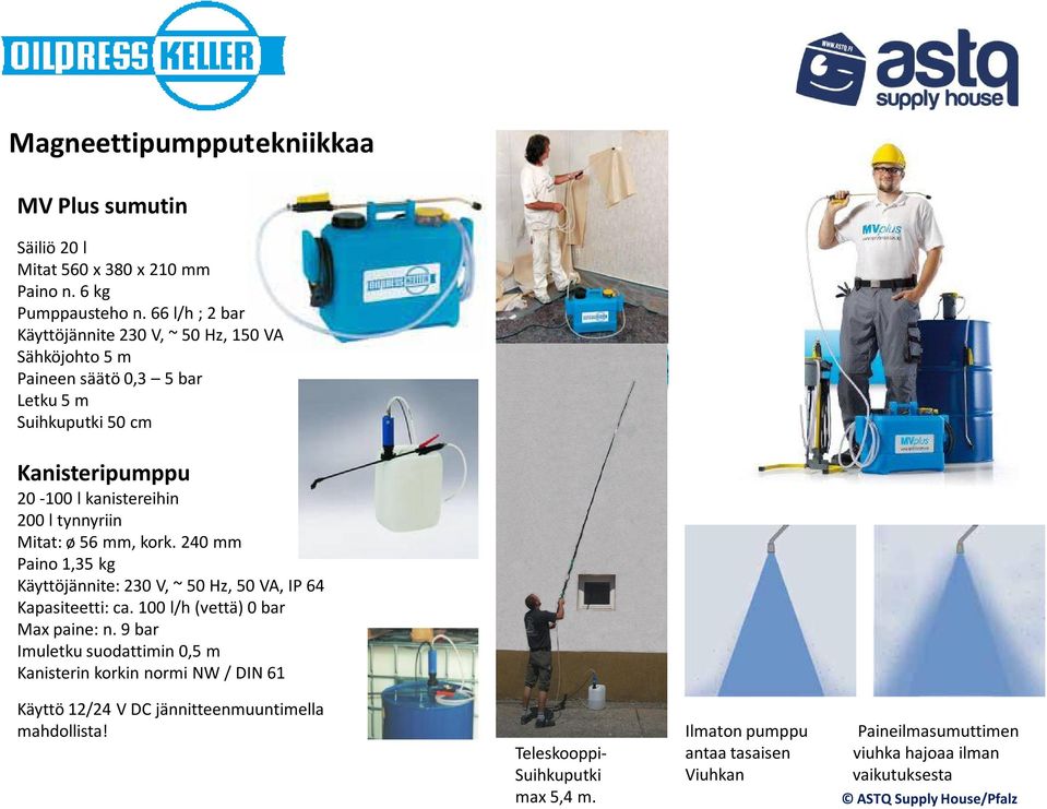 Mitat: ø 56 mm, kork. 240 mm Paino 1,35 kg Käyttöjännite: 230 V, ~ 50 Hz, 50 VA, IP 64 Kapasiteetti: ca. 100 l/h (vettä) 0 bar Max paine: n.