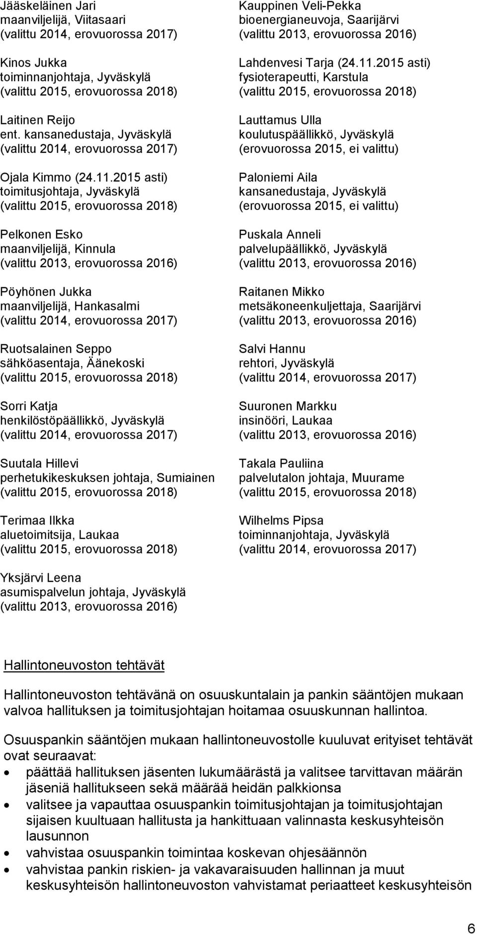 henkilöstöpäällikkö, Suutala Hillevi perhetukikeskuksen johtaja, Sumiainen Terimaa Ilkka aluetoimitsija, Laukaa Kauppinen Veli-Pekka bioenergianeuvoja, Saarijärvi (valittu 2013, erovuorossa 2016)