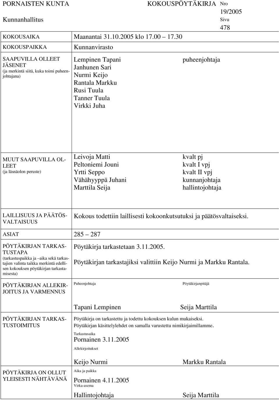 KOKOUSPÖYTÄKIRJA Nro 19/2005 puheenjohtaja Sivu 478 MUUT SAAPUVILLA OL LEET (ja läsnäolon peruste) Leivoja Matti Peltoniemi Jouni Yrtti Seppo Vähähyyppä Juhani Marttila Seija kvalt pj kvalt I vpj