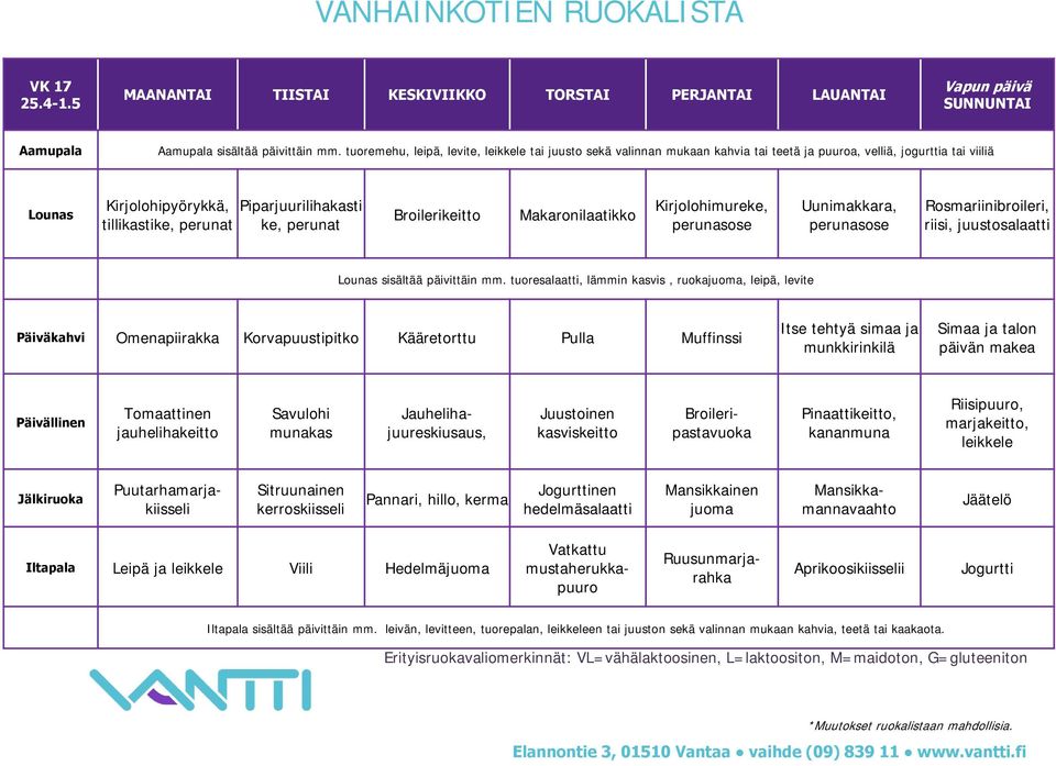 Rosmariinibroileri, riisi, juustosalaatti Päiväkahvi Omenapiirakka Korvapuustipitko Kääretorttu Pulla Muffinssi Itse tehtyä simaa ja munkkirinkilä Simaa ja talon päivän makea Tomaattinen