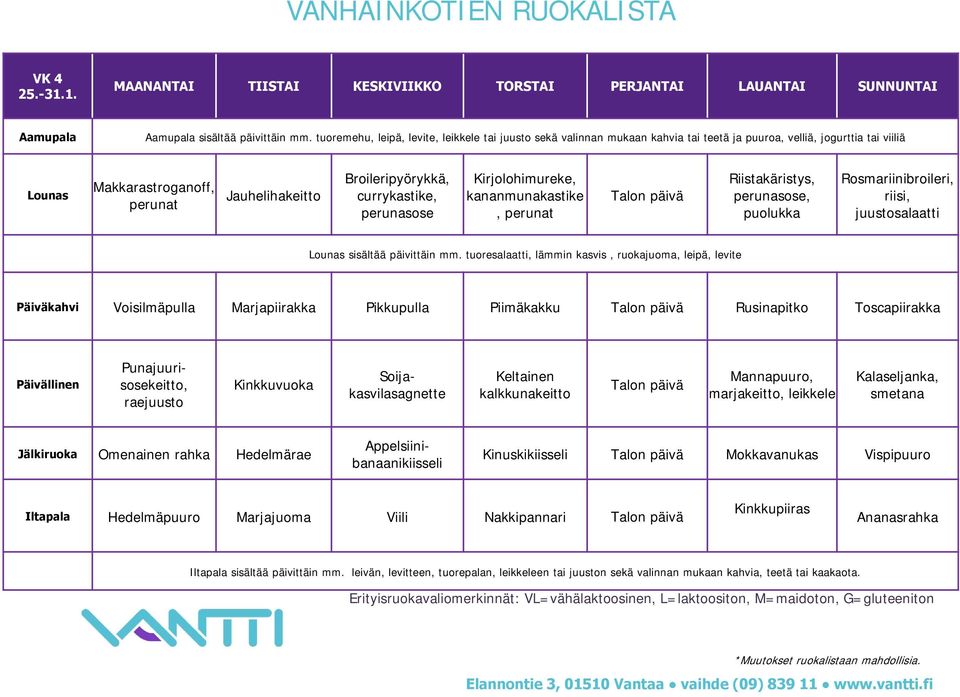 Kirjolohimureke, kananmunakastike, Talon päivä Riistakäristys,, puolukka Rosmariinibroileri, riisi, juustosalaatti sisältää päivittäin mm.