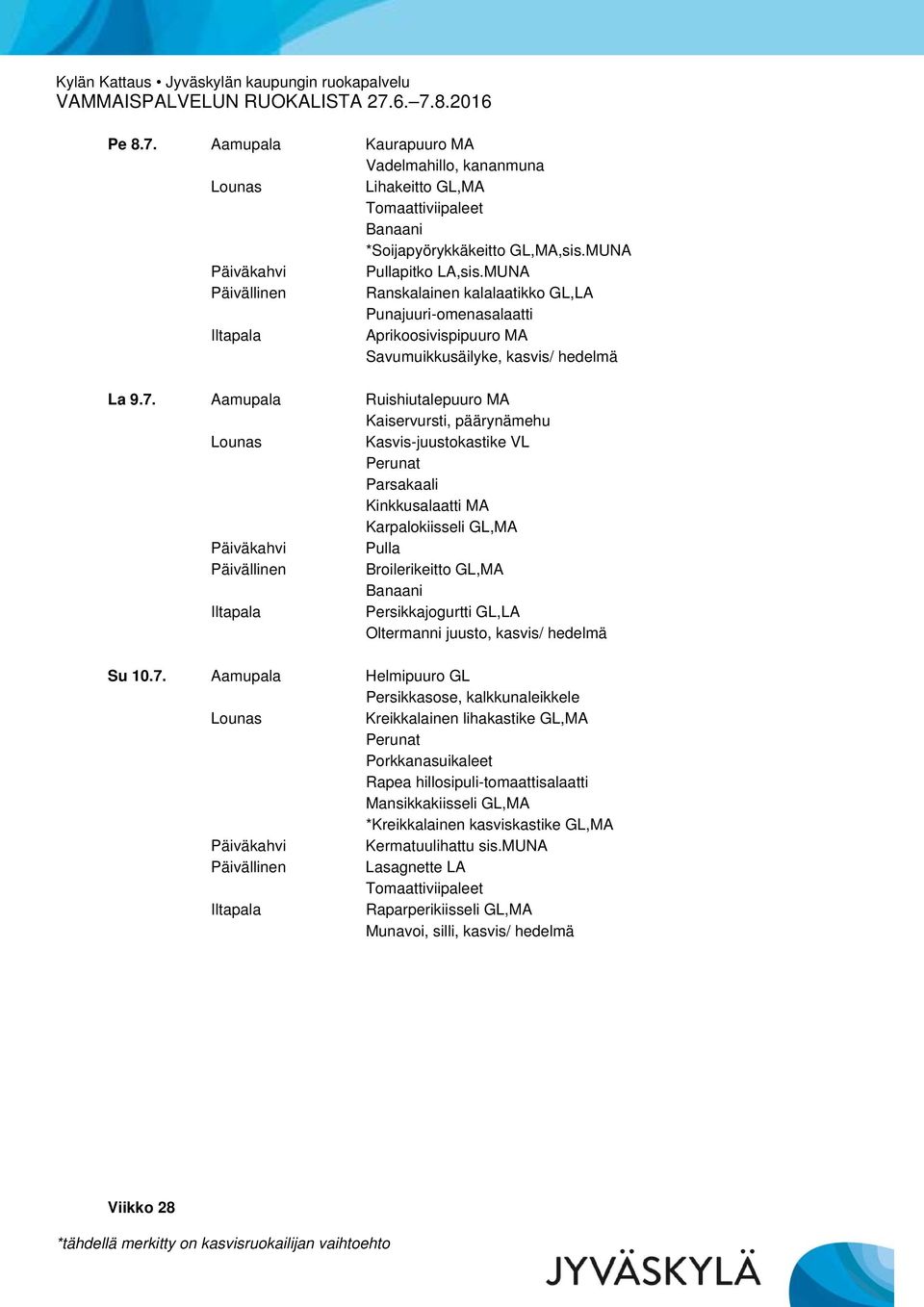 Aamupala Ruishiutalepuuro MA Kaiservursti, päärynämehu Kasvis-juustokastike VL Parsakaali Kinkkusalaatti MA Karpalokiisseli GL,MA Broilerikeitto GL,MA Banaani Persikkajogurtti GL,LA Oltermanni