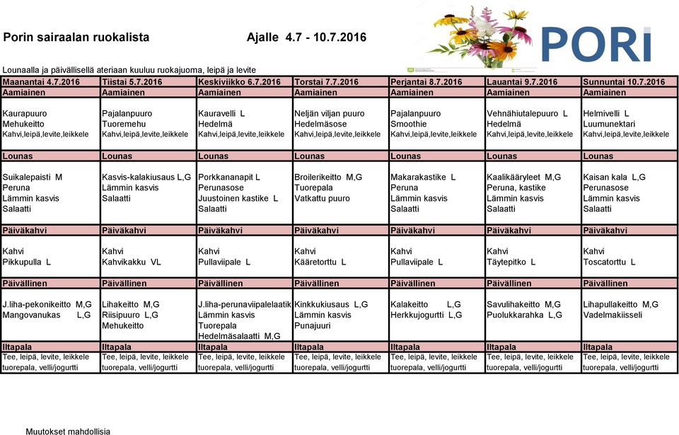 Pajalanpuuro Vehnähiutalepuuro L Helmivelli L Mehukeitto Tuoremehu Hedelmä Hedelmäsose Smoothie Hedelmä Luumunektari Suikalepaisti M Kasvis-kalakiusaus L,G Porkkananapit L Broilerikeitto M,G