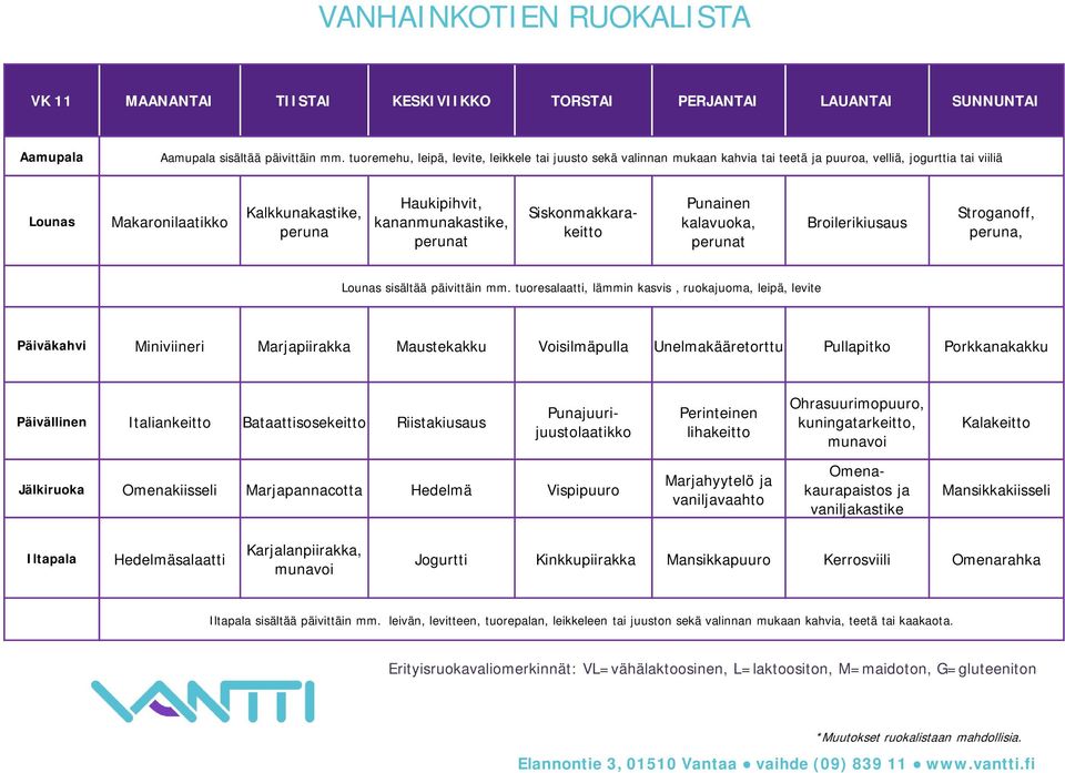 Siskonmakkarakeitto Punainen kalavuoka, Broilerikiusaus Stroganoff, peruna, Päiväkahvi Miniviineri Marjapiirakka Maustekakku Voisilmäpulla Unelmakääretorttu Pullapitko Porkkanakakku Italiankeitto