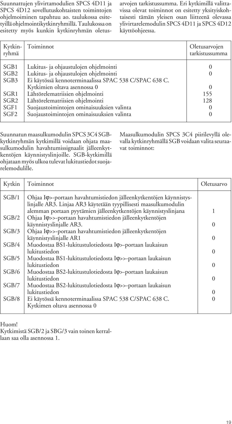Eri kytkimillä valittavissa olevat toiminnot on esitetty yksityiskohtaisesti tämän yleisen osan liitteenä olevassa ylivirtarelemodulin SPCS D ja SPCS D käyttöohjeessa.