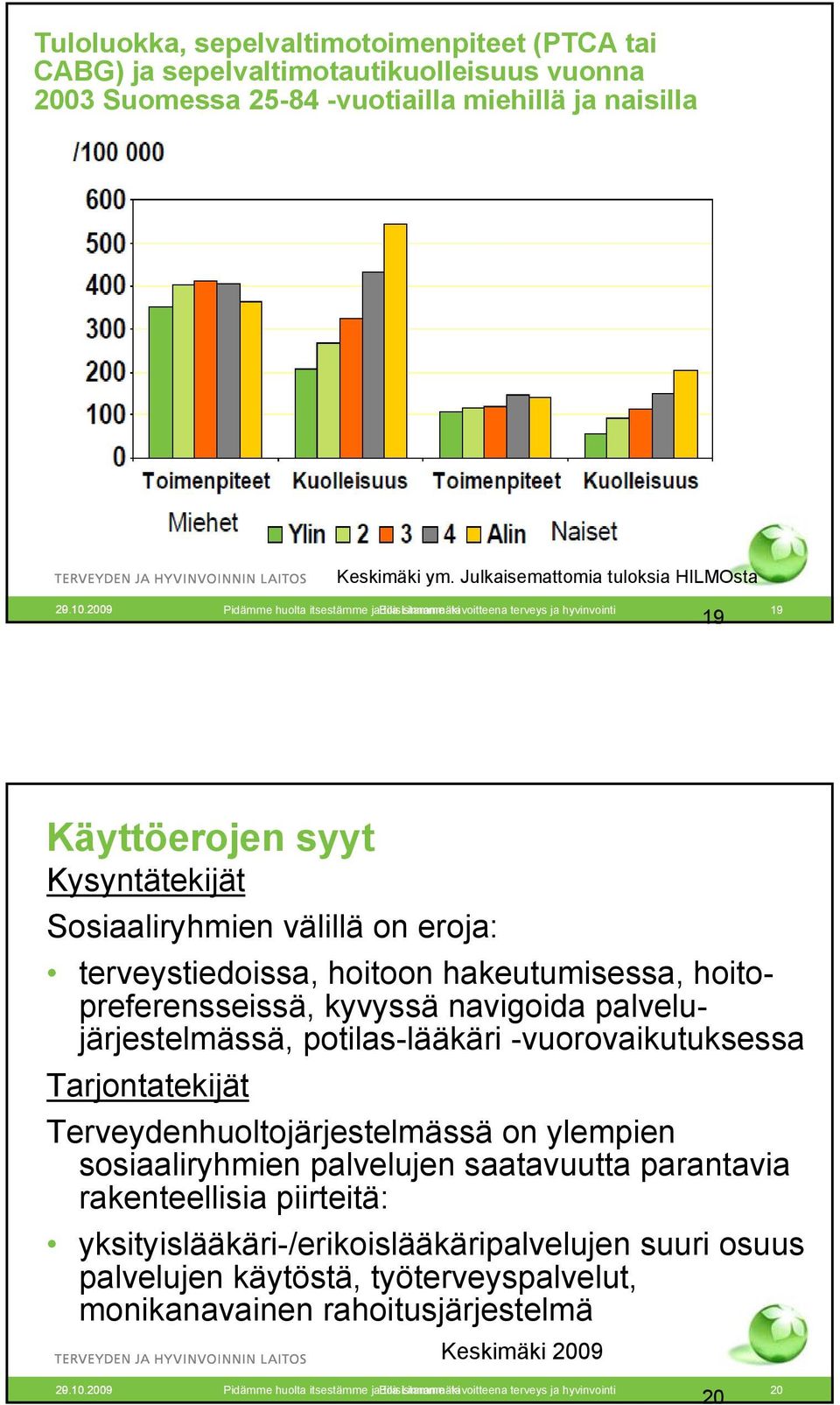 2009 Pidämme huolta itsestämme ja Eila toisistamme Linnanmäki -tavoitteena terveys ja hyvinvointi 19 19 Käyttöerojen syyt Kysyntätekijät Sosiaaliryhmien välillä on eroja: terveystiedoissa, hoitoon