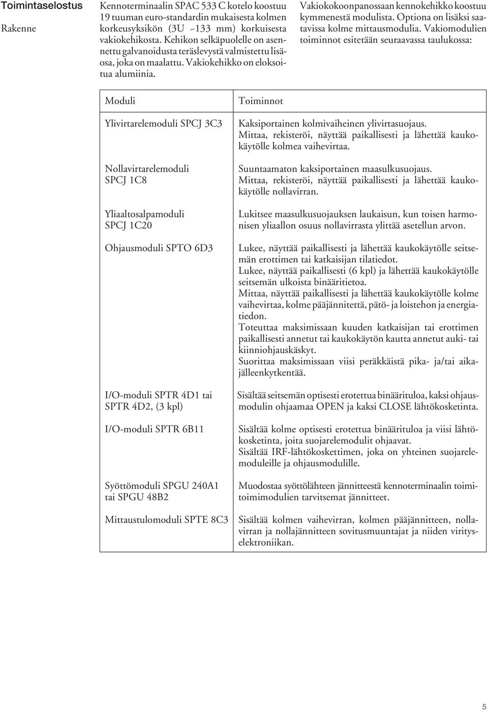 Vakiokokoonpanossaan kennokehikko koostuu kymmenestä modulista. ptiona on lisäksi saatavissa kolme mittausmodulia.