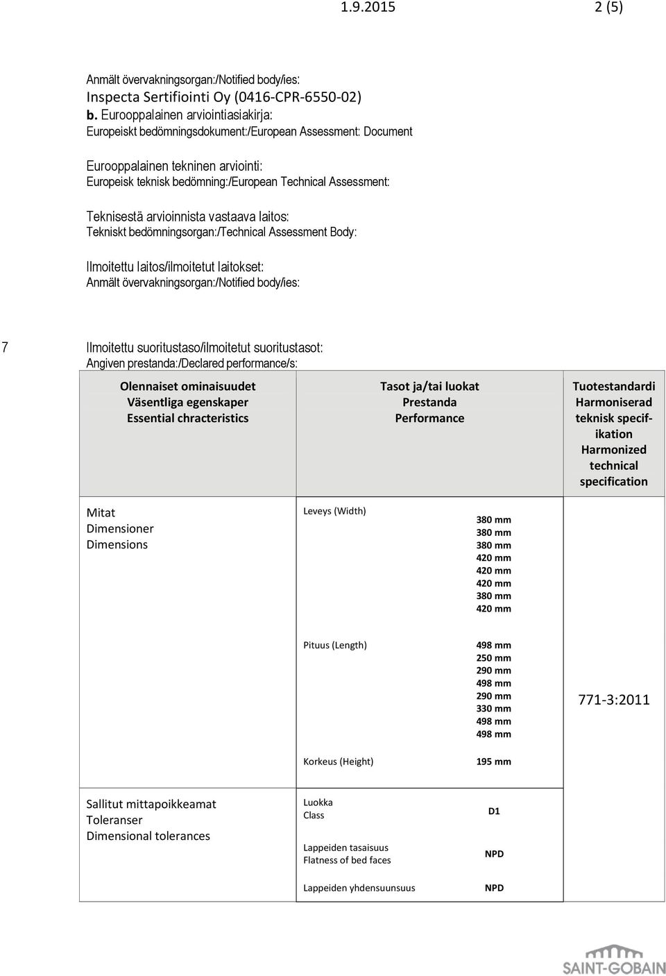 Teknisestä arvioinnista vastaava laitos: Tekniskt bedömningsorgan:/technical Assessment Body: Ilmoitettu laitos/ilmoitetut laitokset: Anmält övervakningsorgan:/notified body/ies: 7 Ilmoitettu