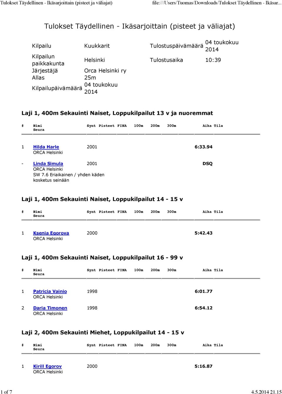 94 - Linda Simula 2001 DSQ SW 7.6 Eriaikainen / yhden käden kosketus seinään Laji 1, 400m Sekauinti Naiset, Loppukilpailut 14-15 v 1 Ksenia Egorova 2000 5:42.