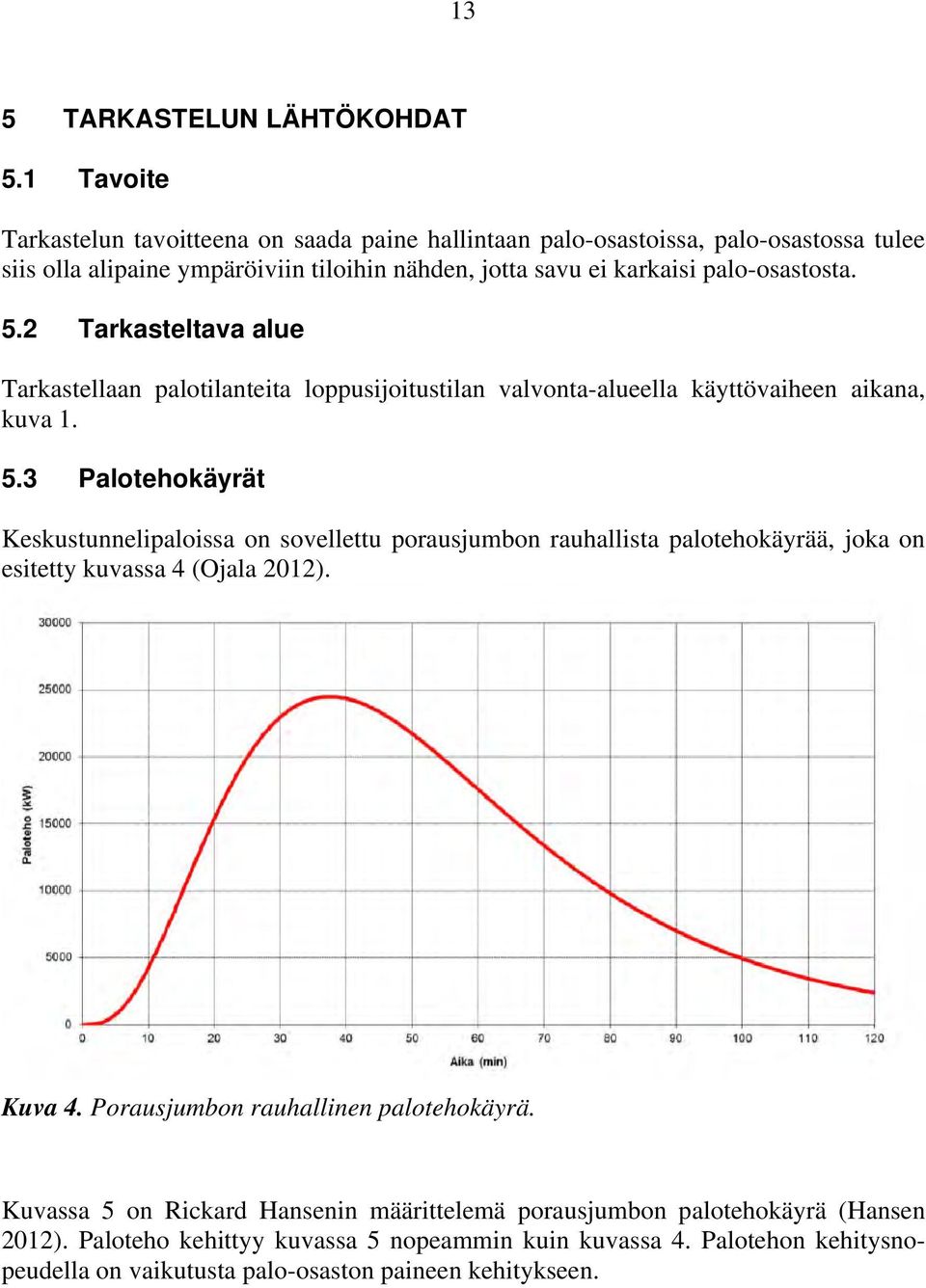 palo-osastosta. 5.2 Tarkasteltava alue Tarkastellaan palotilanteita loppusijoitustilan valvonta-alueella käyttövaiheen aikana, kuva 1. 5.3 Palotehokäyrät Keskustunnelipaloissa on sovellettu porausjumbon rauhallista palotehokäyrää, joka on esitetty kuvassa 4 (Ojala 212).
