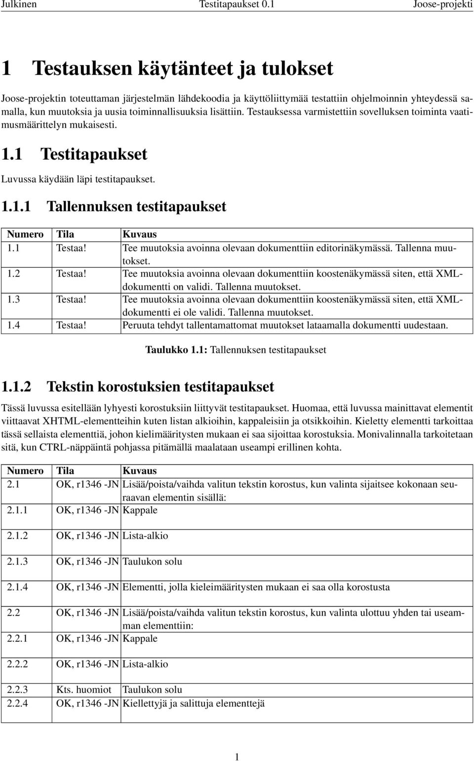 toiminnallisuuksia lisättiin. Testauksessa varmistettiin sovelluksen toiminta vaatimusmäärittelyn mukaisesti. 1.1 Testitapaukset Luvussa käydään läpi testitapaukset. 1.1.1 Tallennuksen testitapaukset 1.