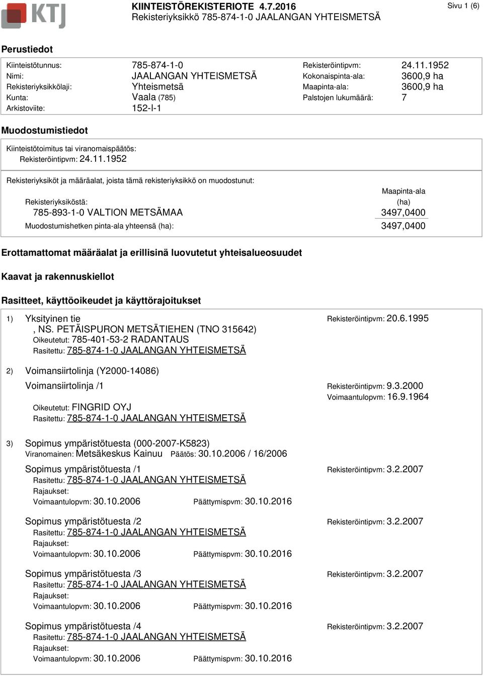1952 Kokonaispinta-ala: 3600,9 ha Maapinta-ala: 3600,9 ha Palstojen lukumäärä: 7 Muodostumistiedot Kiinteistötoimitus tai viranomaispäätös: Rekisteröintipvm: 24.11.