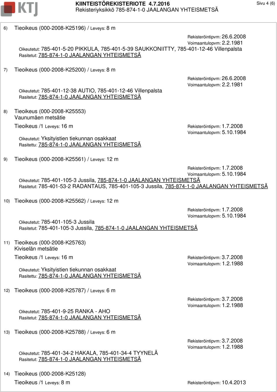 6) Tieoikeus (000-2008-K25196) / Leveys: 8 m Rekisteröintipvm: 26.6.2008 Oikeutetut: 785-401-5-20 PIKKULA, 785-401-5-39 SAUKKONIITTY, 785-401-12-46 Villenpalsta 7) Tieoikeus (000-2008-K25200) /