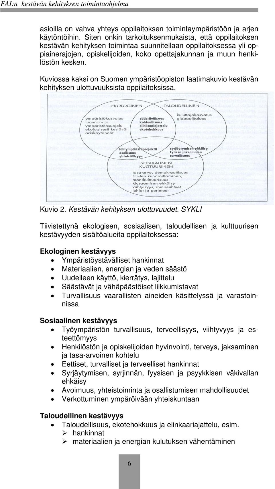 Kuviossa kaksi on Suomen ympäristöopiston laatimakuvio kestävän kehityksen ulottuvuuksista oppilaitoksissa. Kuvio 2. Kestävän kehityksen ulottuvuudet.
