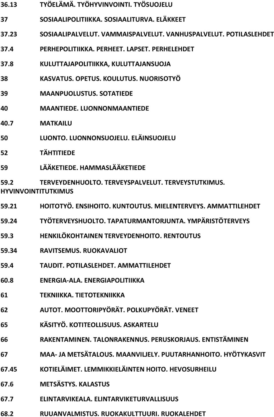 ELÄINSUOJELU 52 TÄHTITIEDE 59 LÄÄKETIEDE. HAMMASLÄÄKETIEDE 59.2 TERVEYDENHUOLTO. TERVEYSPALVELUT. TERVEYSTUTKIMUS. HYVINVOINTITUTKIMUS 59.21 HOITOTYÖ. ENSIHOITO. KUNTOUTUS. MIELENTERVEYS.