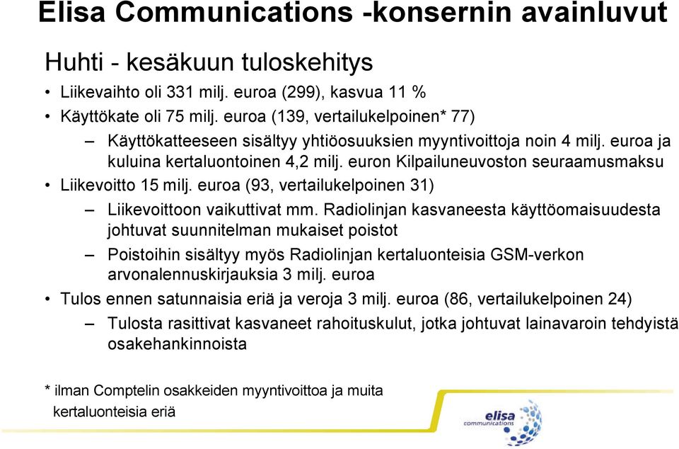 euron Kilpailuneuvoston seuraamusmaksu Liikevoitto 15 milj. euroa (93, vertailukelpoinen 31) Liikevoittoon vaikuttivat mm.