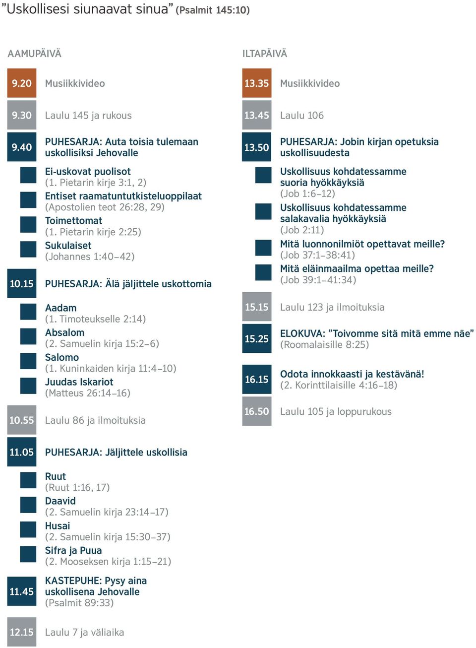 Pietarin kirje 2:25) Sukulaiset (Johannes 1:40 42) 10.15 PUHESARJA: Al aj aljittele uskottomia 13.